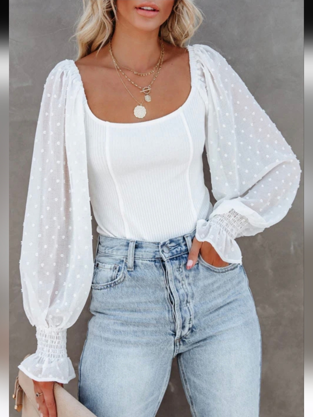 Promesa White Swiss Dot Puff Sleeve Ribbed Bodysuit